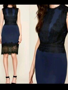 Tadashi Shoji Cocktail Dress Size 12 Neoprene Stretch Scuba Blue Black Lace Trim